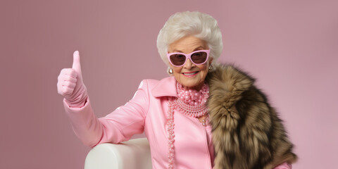 luxurious older woman in a pink suit and a fur cape showing thumbs up - obrazy, fototapety, plakaty