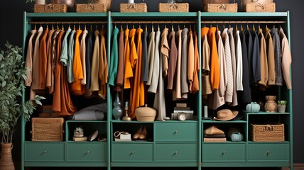 a sizable wardrobe filled with many outfits and accessories.