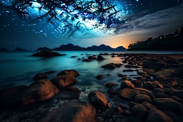 Mesmerizing night seascape with starry sky, sandy coast, rocks, and exotic landscape. Outdoor wildness blending with nature's beauty. Generative AI
