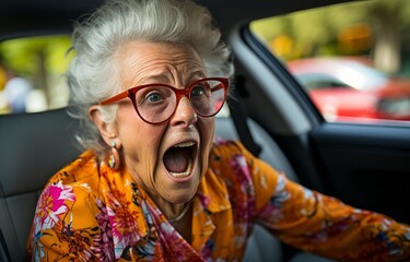 An elderly woman who is driving in traffic becomes irate and shouts loudly while agitated and argumentative..