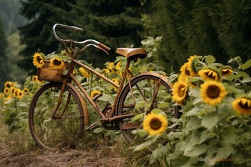 Fototapeta na wymiar A sunflower-filled bike amidst a sunflower forest. Generative AI