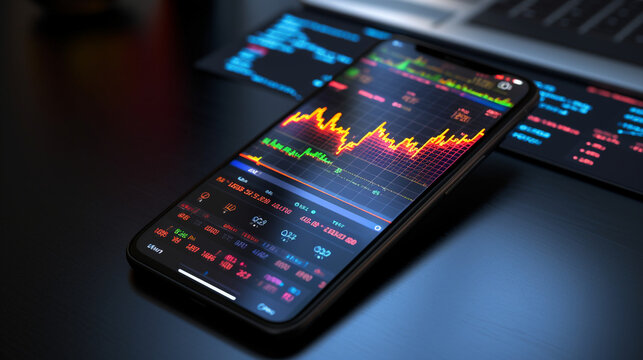 A smartphone screen featuring a stock price chart app that delivers real-time market information and portfolio tracking capabilities. 