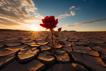 one big red rose with thorns in the middle of the desert under the scorching sun. ai generative - obrazy, fototapety, plakaty