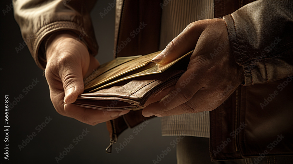 Poster hands of a man reaching into his open wallet to retrieve a specific card, depicting a moment of fina