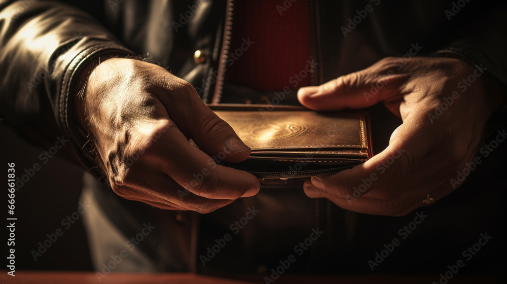 Poster hands of a man reaching into his open wallet to retrieve a specific card, depicting a moment of fina