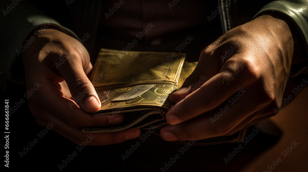 Poster hands of a man reaching into his open wallet to retrieve a specific card, depicting a moment of fina