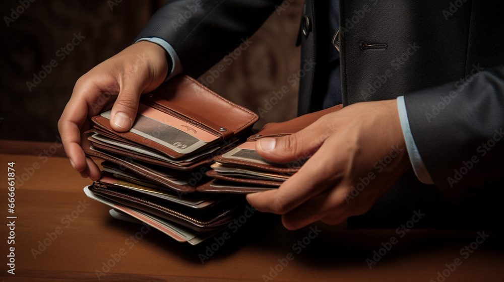 Poster hands of a man holding an open wallet with neatly aligned cards, conveying a sense of order and read