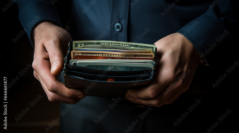Poster hands of a man holding an open wallet with neatly aligned cards, conveying a sense of order and read