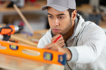 portrait of a handsome young carpenter with spirit level