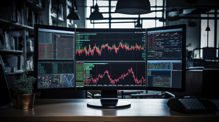 A computer monitor featuring stock price charts of multiple companies, providing a comprehensive view of various assets.  - obrazy, fototapety, plakaty