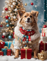 Christmas dog on a beautiful background with garlands and gifts, digital illustrated photography