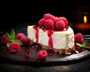 Side photo of raspberry cheesecake on plate