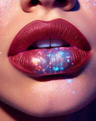 Young woman with beautiful lips, coral red nebula lipstick, closeup