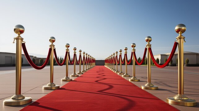 a lengthy crimson carpet separating rope obstacles.