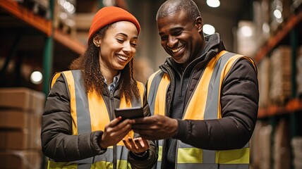 A seasoned logistics manager of a warehouse shows a young employee a warehouse with shelves and boxes while holding a tablet..