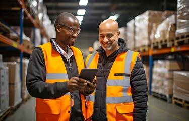 A seasoned logistics manager of a warehouse shows a young employee a warehouse with shelves and boxes while holding a tablet..