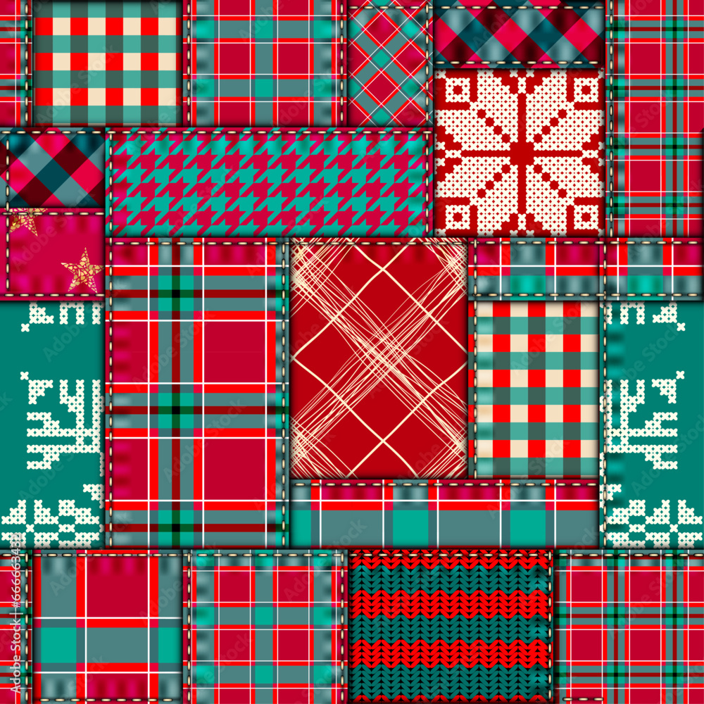 Poster Patchwork textile pattern. Seamless quilting design background. Merry Christmas cozy pattern.