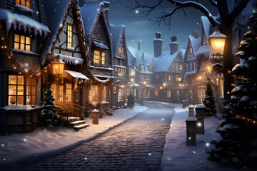 cute snowy christmas city.evening lights. fabulous atmosphere. generative ai