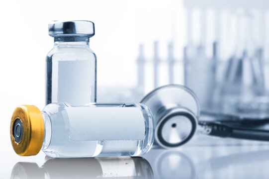Bottles of medical vaccine for virus vaccination.