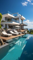 Fototapeta na wymiar Modern, opulent vacation home with an infinity pool .