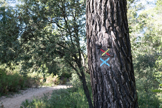 Trail markers and GR markers in Provence, southern France, indicating being on the wrong path to hikers for blue and yellow-red trails