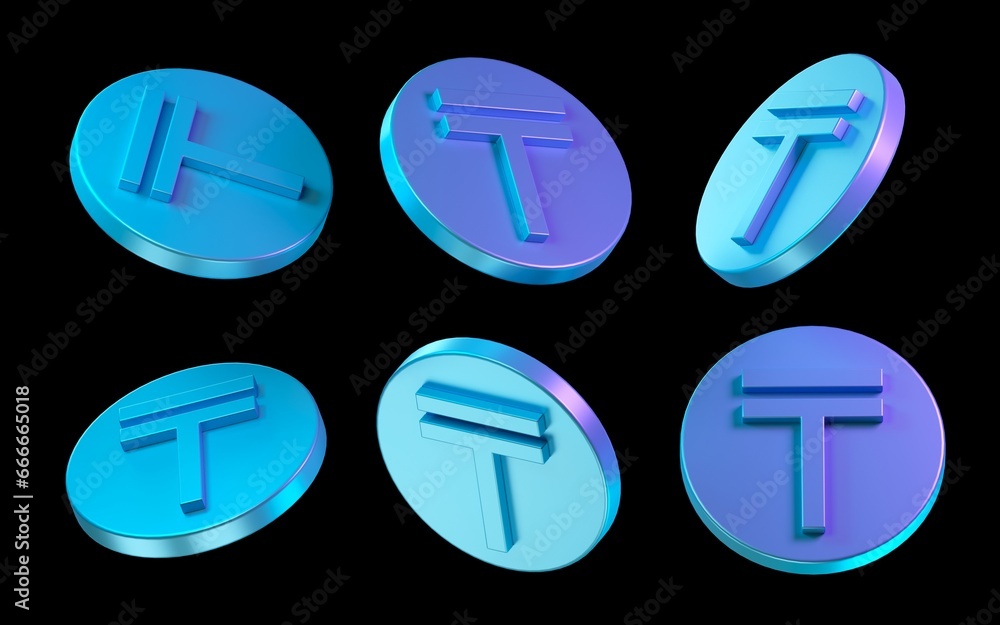 Poster 3d coin rendering illustration. coins isolated in different views. set of colorful coins. tenge coin