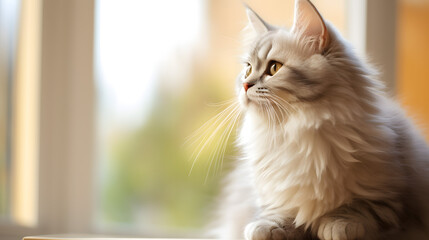 Beautiful fluffy cat looks out the window
