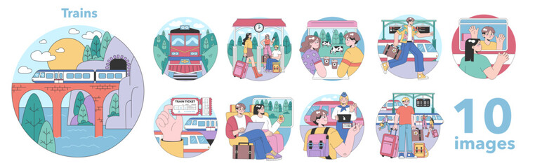 Train trip set. Characters traveling by train. Passengers with luggage © inspiring.team