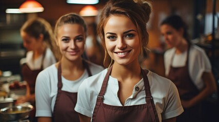 Fototapeta premium Female bakers smile as they look into the camera. A team of uniformed professional cooks cooks dishes for a restaurant..