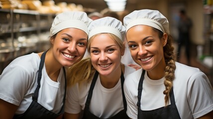 Female bakers smile as they look into the camera. A team of uniformed professional cooks cooks...