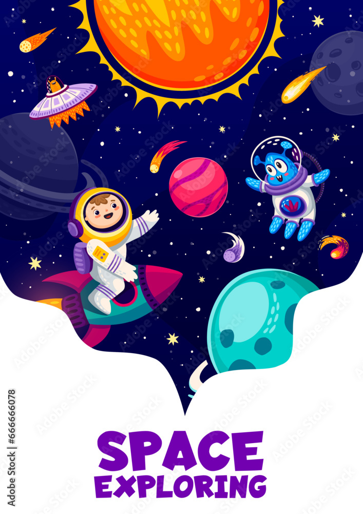 Wall mural cartoon space poster with alien and kid astronaut, space planets and spaceship, vector galaxy backgr