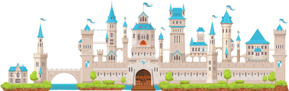 Wall and palace, gate, tower and turret of medieval fortress castle. Fairytale or fantasy king castle vector background. Fairytale royal fortress or ancient kingdom palace with moat and drawbridge