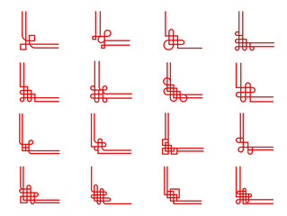 Red oriental chinese knot corners. Asian chinese, japanese, korean frame borders. Chinese line ornament vector corners set with geometric elements and square loops, endless knot pattern frame borders