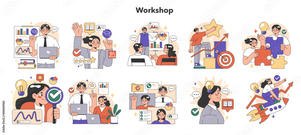 Poster training workshop set. interactive training process. professional development.