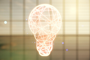 Double exposure of creative light bulb hologram on empty modern office background, research and development concept
