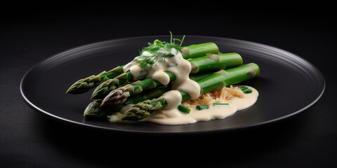 Typical Spanish cuisine. Wild asparagus with mayonnaise. Generative AI.