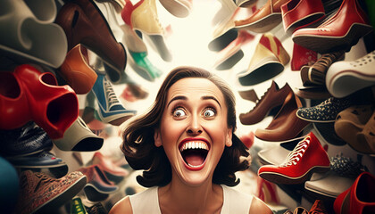 Schuhemode und Kaufsucht bei Frauen Portrait Frau mit ganz vielen Schuhen drumherum Vielfalt unzählige paar Schuhe um lächelndes Gesicht einer Frau glückliche Momente Generative AI  - obrazy, fototapety, plakaty