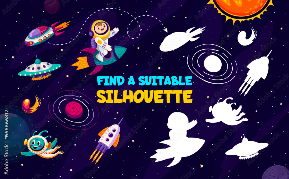 Poster find suitable silhouette of ufo and alien, astronaut and spaceship in starry galaxy space, vector pu