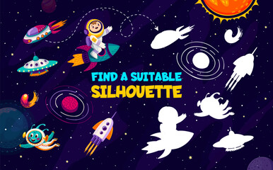 Find suitable silhouette of UFO and alien, astronaut and spaceship in starry galaxy space, vector puzzle game. Cartoon kid spaceman on rocket with alien martian and space planets to match silhouettes