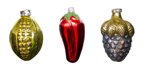 Vintage multicolored glass toy for Christmas tree sweet pepper, paprika, spruce cone, decoration...
