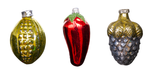 Vintage multicolored glass toy for Christmas tree sweet pepper, paprika, spruce cone, decoration close-up isolated on transparent background set 3 pieces