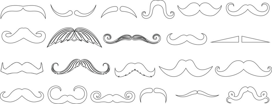 Mustache line art styles vector illustration, black and white collection of different facial hair designs. This is a perfect image for Movember, Father’s Day, or any mustache themed project.