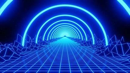 3d  Futuristic Neon Laser Rings of Ultraviolet Fluorescent Blue Light Tunnel. Abstract background flying through in futuristic endless tunnel 4k Disco music template