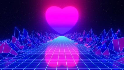 3d blue pink neon 80s 90s retrowave sunset heart road. Retro cyberpunk futuristic background. Love celebration valentine's day. Glow  chrome and shine synthwave  4k  y2k. Disco music template