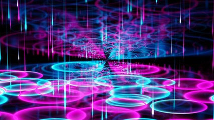 Fototapeta na wymiar 3d Glowing neon pink and blue drops rain and puddles. Abstract bright colors. Glitter shine particles. Blur disco lights effect Disco music futuristic template