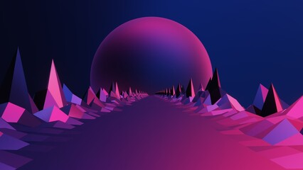 3d purple Retro wave 80s, 90s style footage. Background with pyramids, retrowave motion design backdrop. Modern Electric Low Polygon Mountain Sunset Cityscape  4k 