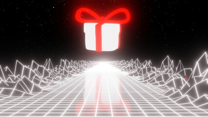 3d neon 80s 90s retrowave retro way sunset Christmas gift road. Retro cyberpunk futuristic background. New year eve. Blue white snow Glow and shine synthwave present  4k y2k