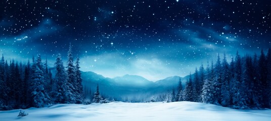 winter night forest background with stars, snowy trees and snowy mountains , winter and christmas concept, copy space for text - obrazy, fototapety, plakaty