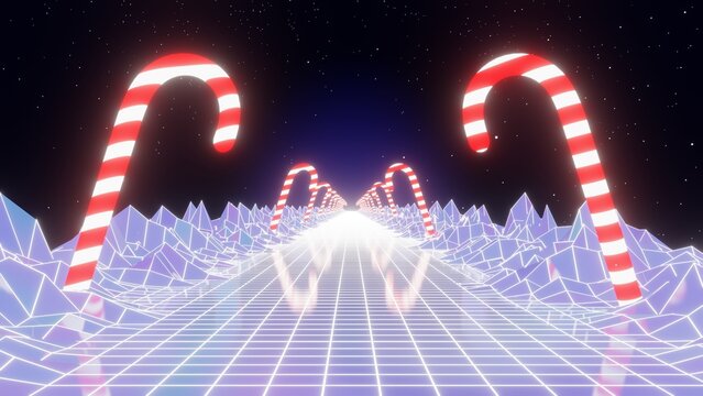 3d neon 80s 90s retrowave  Christmas cand road. Retro cyberpunk futuristic background. New year eve. Winter retro way. Blue white snow Glow and shine synthwave present 4k . y2k