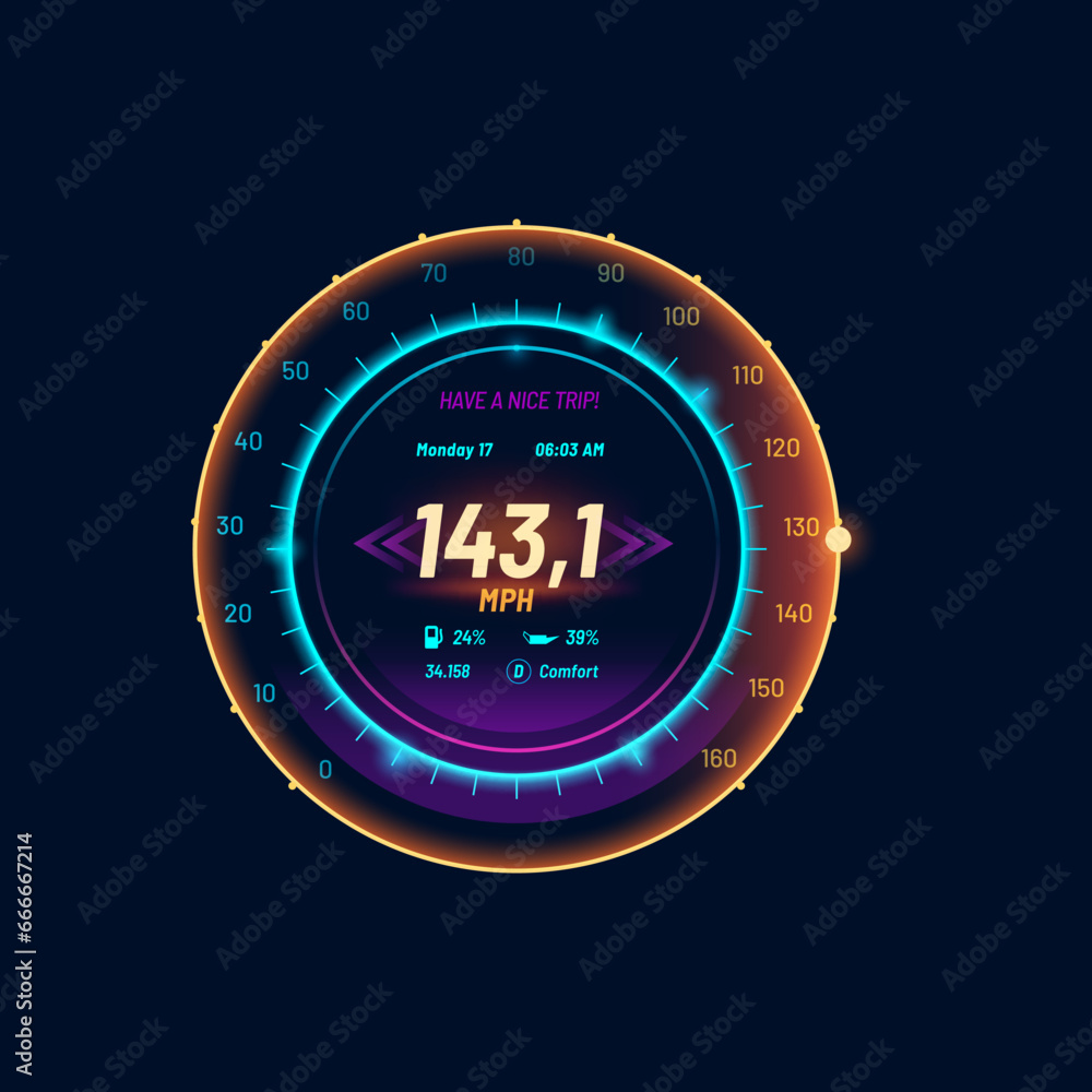 Poster Car speedometer neon dial, speed gauge dashboard, futuristic counter interface. Auto speed meter, motorbike dashboard indicator or vehicle engine rev vector counter. Automobile speedometer panel